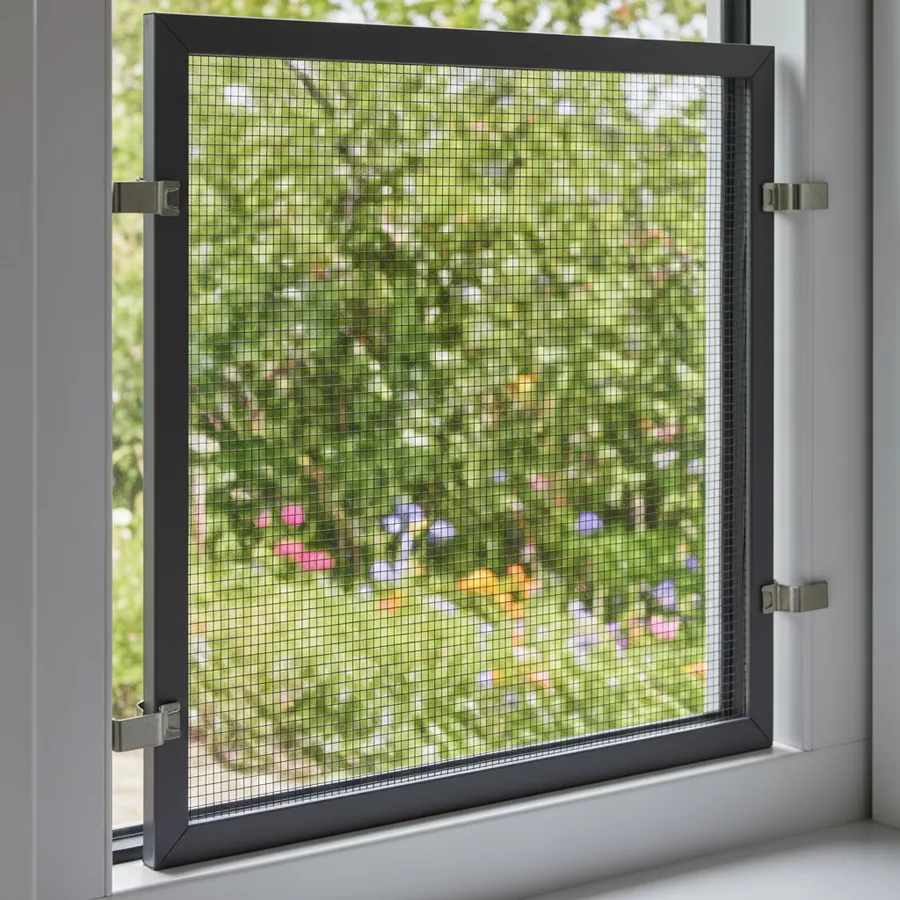 Ventana abierta con mosquitera fija en vivienda